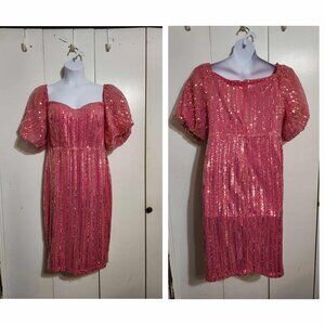 3XL Faeriesty Pink Off The Shoulder Sequins Cocktail Dress Puff Sleeve SEE DESC